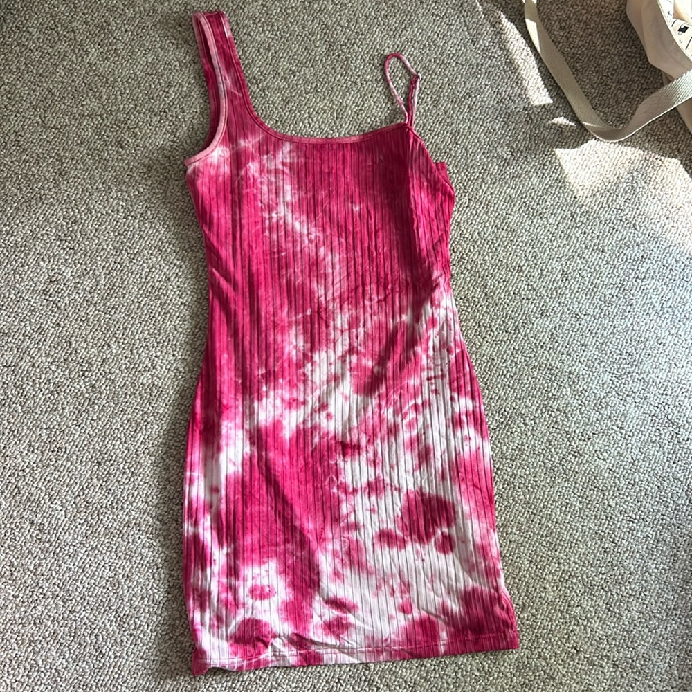 Superdown Revolve pink white ribbed tie dye mini dress asymmetrical straps S